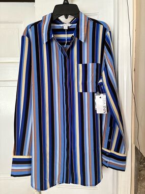 Nine West Blue, Black & Yellow/Navy Vertical Stripe Button-Up Blouse